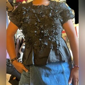 Black Leafy Textured Appliqué Women's Blouse